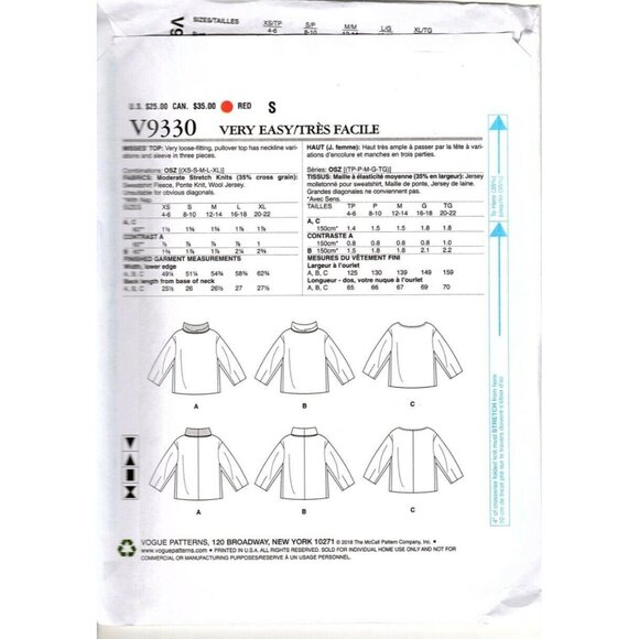 Very Easy Vogue V9330 Misses XS to XL Casual Tops Uncut Sewing Pattern - Picture 2 of 2